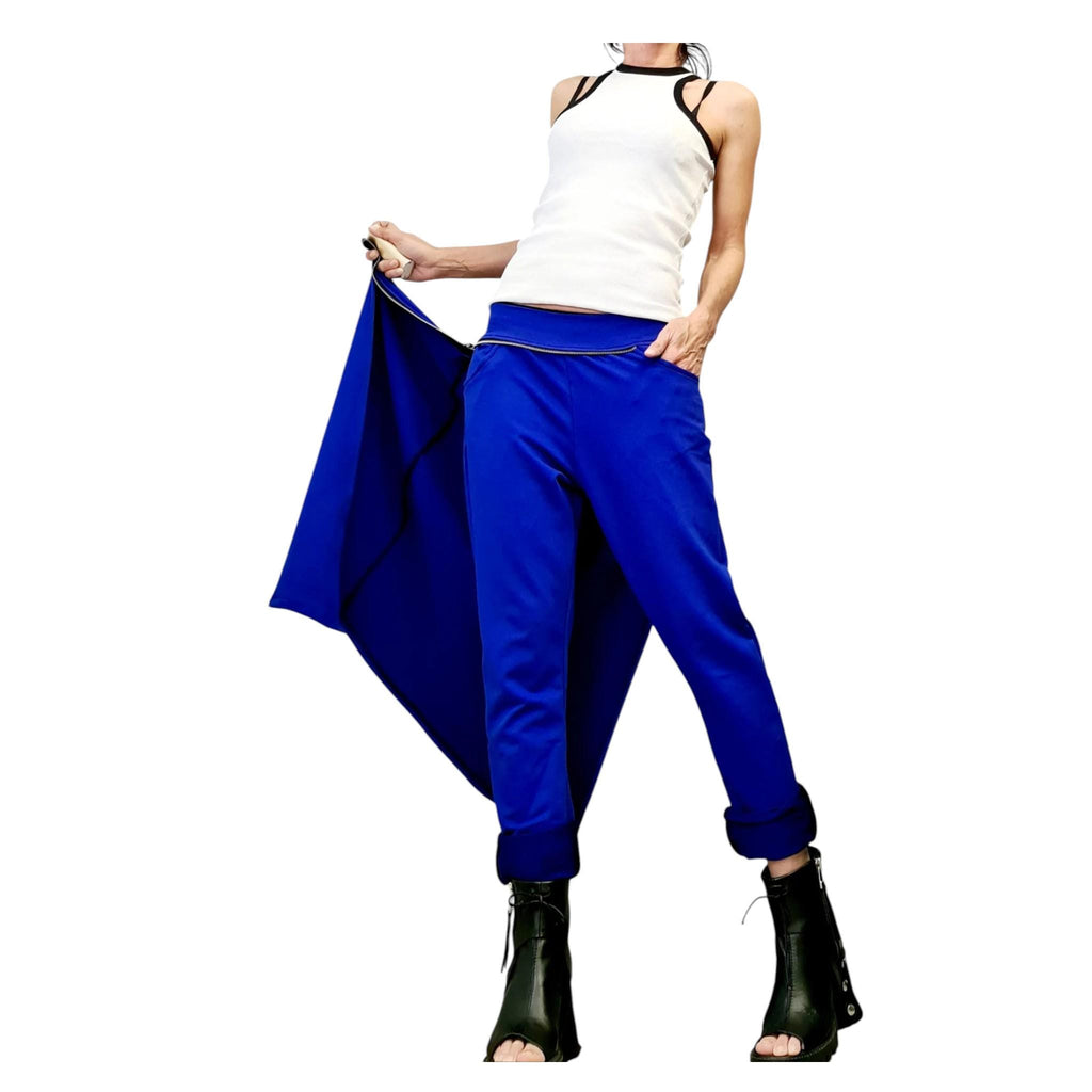 Military Green Asymmetric Pants, French Terry Trousers, Wrap Skirt Overlay