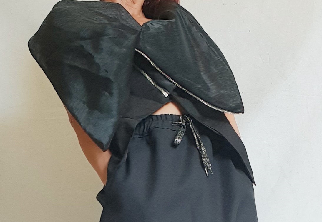 Black Asymmetrical Vest, Sleeveless Fitted Top with Chiffon Collar Detail, Diagonal Zip