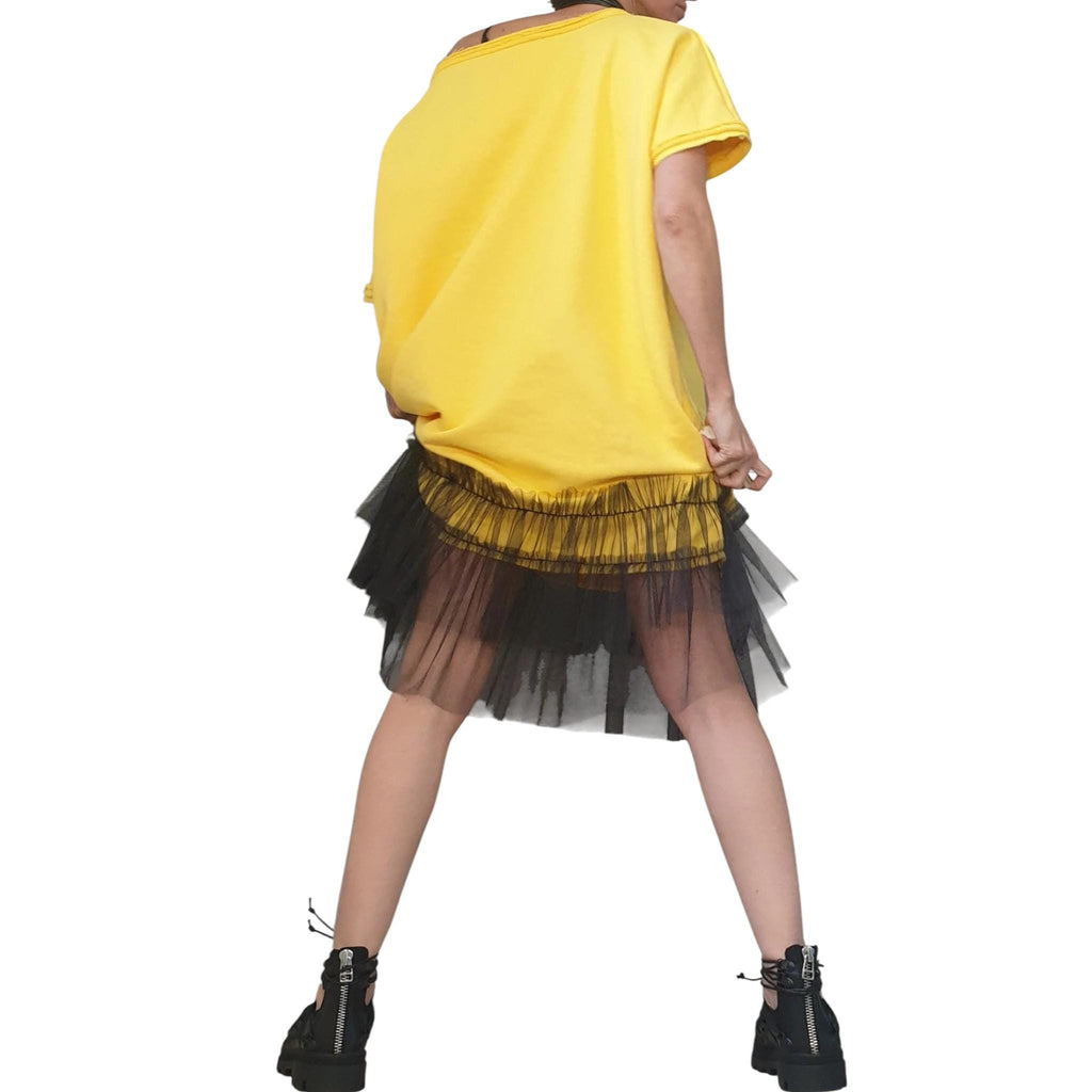 Oversize Yellow Tunic Dress - Loose Fit with Tulle Accent