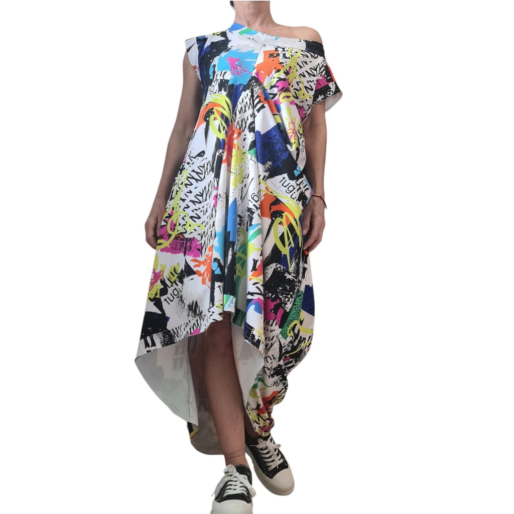 One Shoulder Graffiti Dress: Oversized Cotton with Pockets