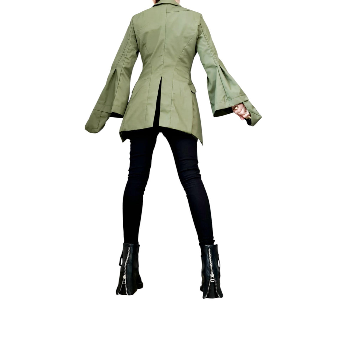 Olive Green Cotton Asymmetric Blazer, Fitted Long Jacket, Flared Sleeve Coat