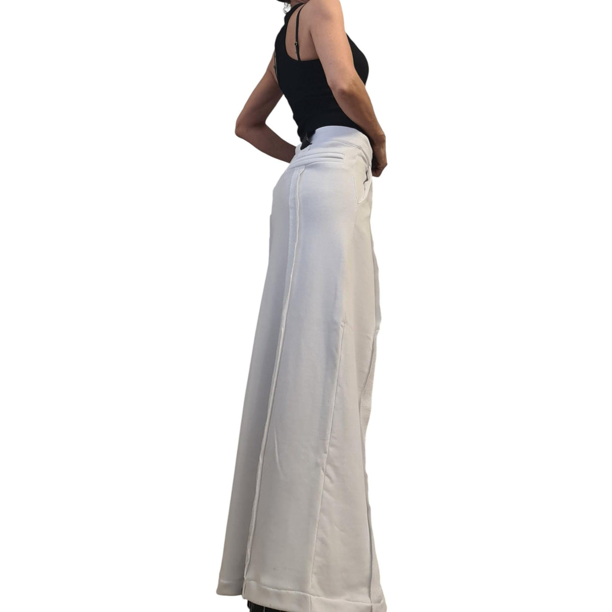 White Maxi Cotton Skirt for Women, Outer Seam, Black Ziperr Detail