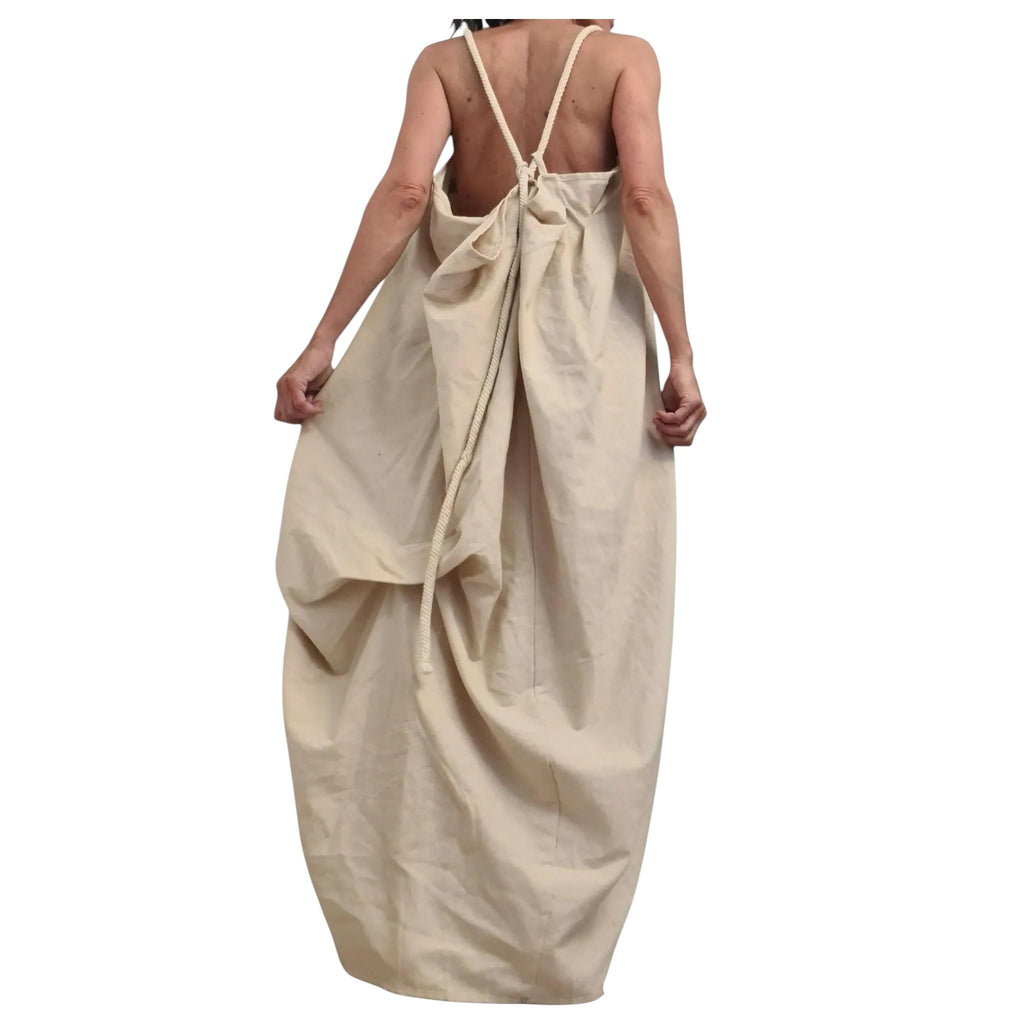 Royal Blue Linen Backless Dress with Adjustable Ties, Asymmetric Summer Maxi Tunic, Handmade Linen