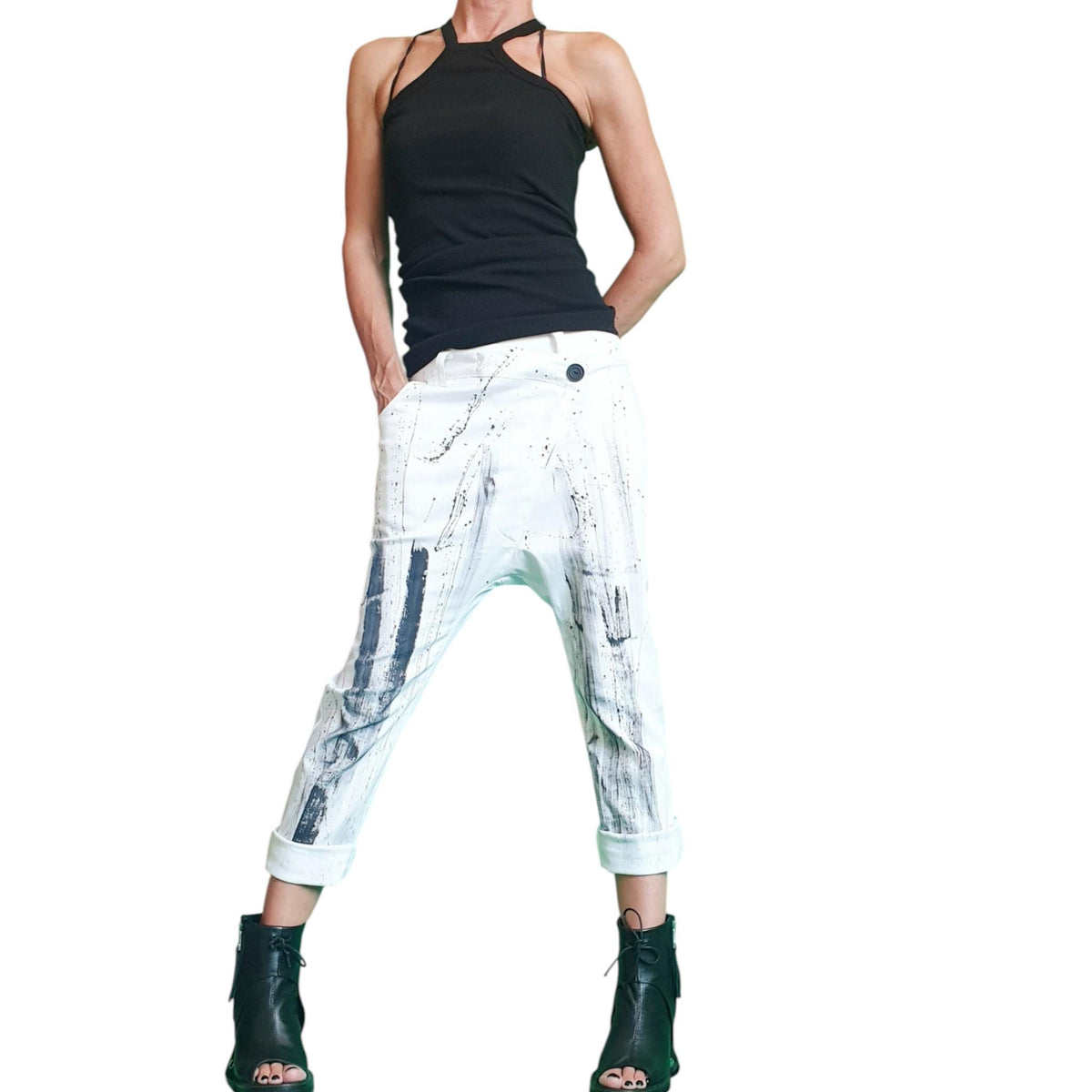 Extravagant White Drop Crotch Pants, Loose Cotton Trousers, Asymmetric Fit