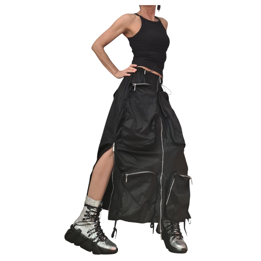 Black Cotton Satin Long Skirt | Deconstructed Cargo Pockets | Gothic Avant Garde Style