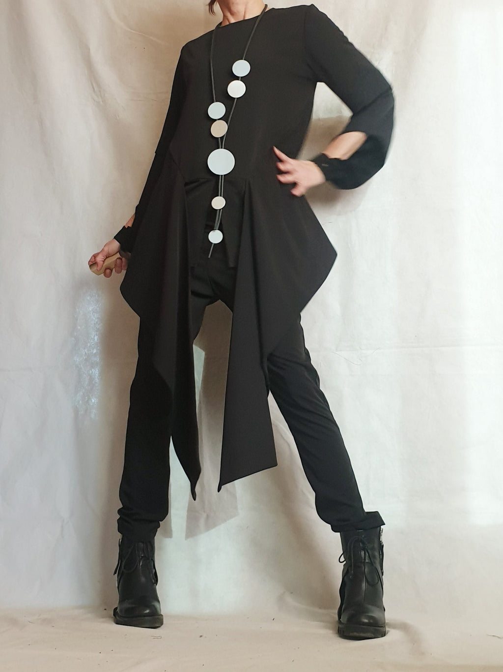 Black Tapered Pants, Asymmetrical Long Tunic, Layered Sleeves, Draped Panels, Two-Piece Co-Ord Set