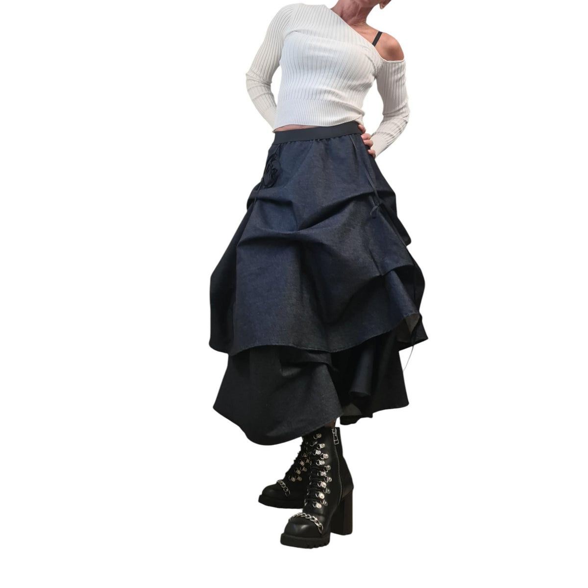 Blue Denim Skirt Women, Rave Outfit, Asymmetric Midi Skirt, Adjustable Hem, Burning Man Fashion