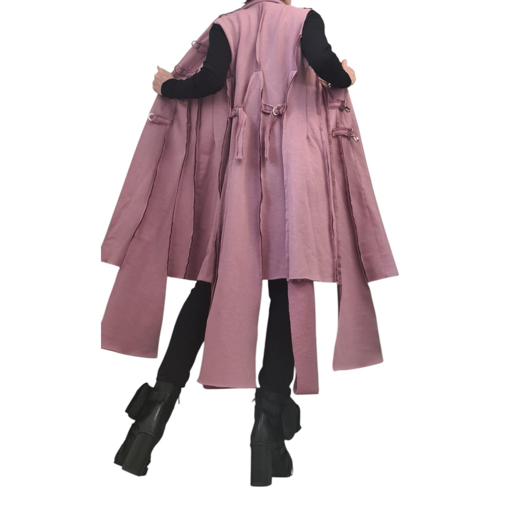 Dusty Pink Asymmetrical Maxi Vest, Sleeveless Layered Coat, Multiple Metal Buckle Closures