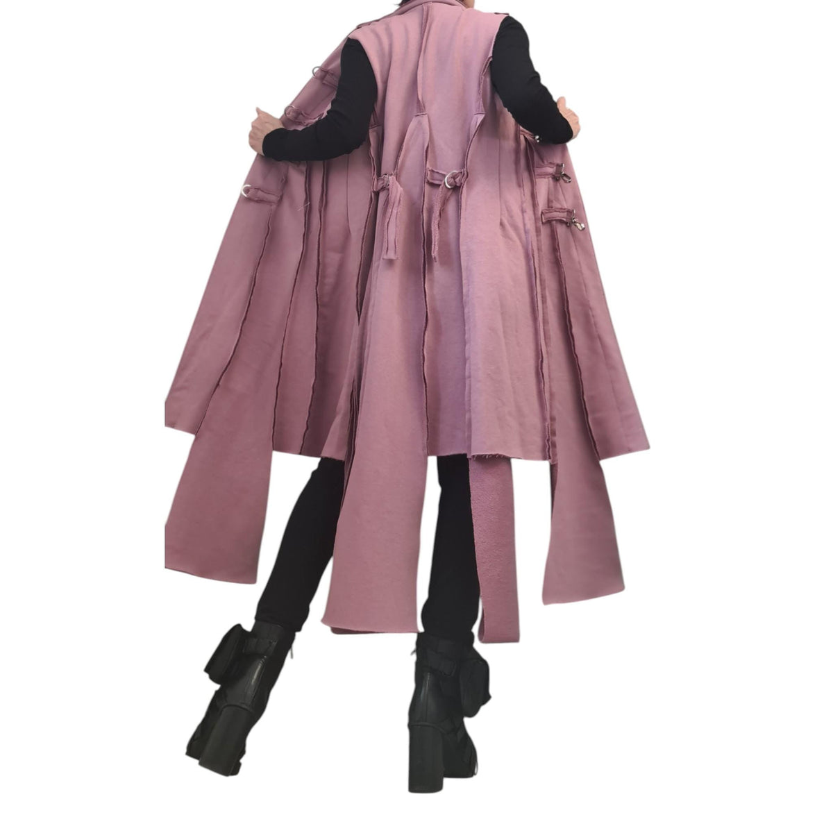 Dusty Pink Asymmetrical Maxi Vest, Sleeveless Layered Coat, Multiple Metal Buckle Closures