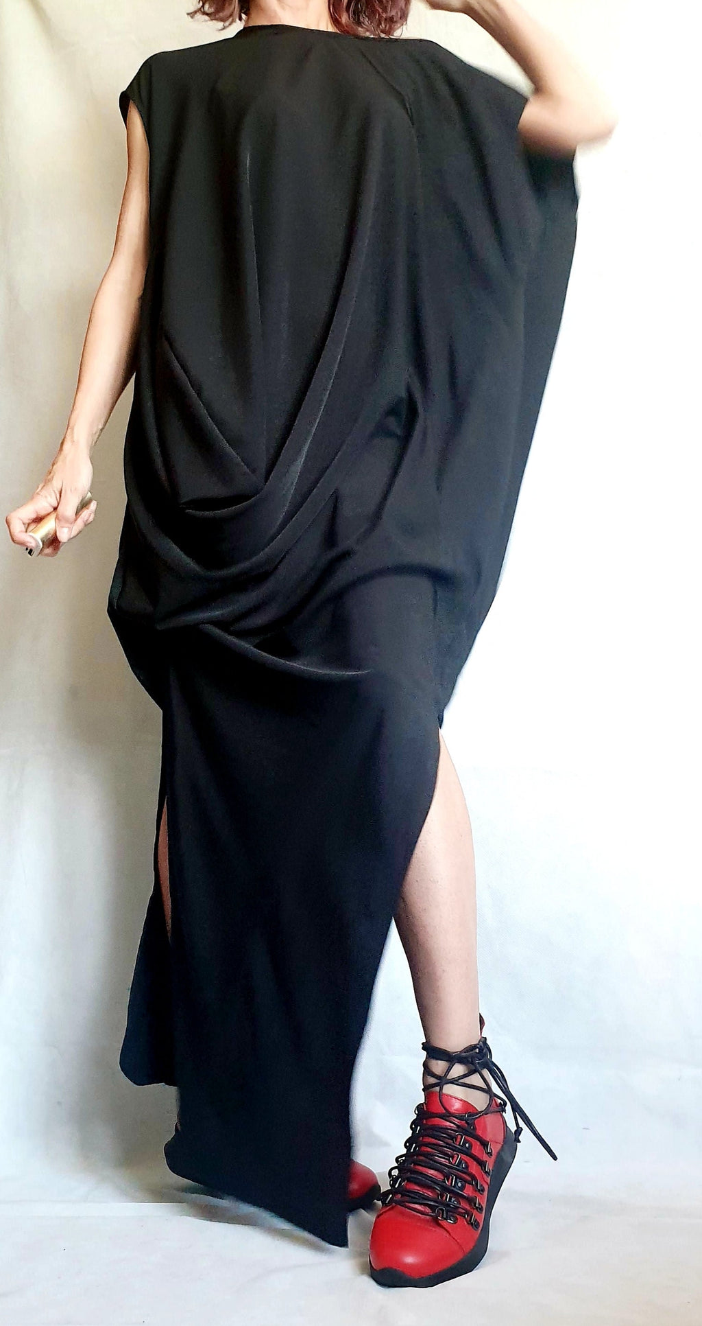 Black One Shoulder Maxi Dress, Avant Garde Draped Plus Size Clothing
