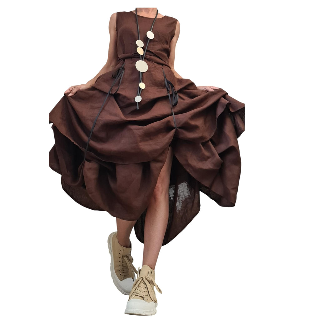 Brown Linen Sleeveless Dress for Women, Asymmetric Midi Shape, Adjustable Summer Linen Outfit