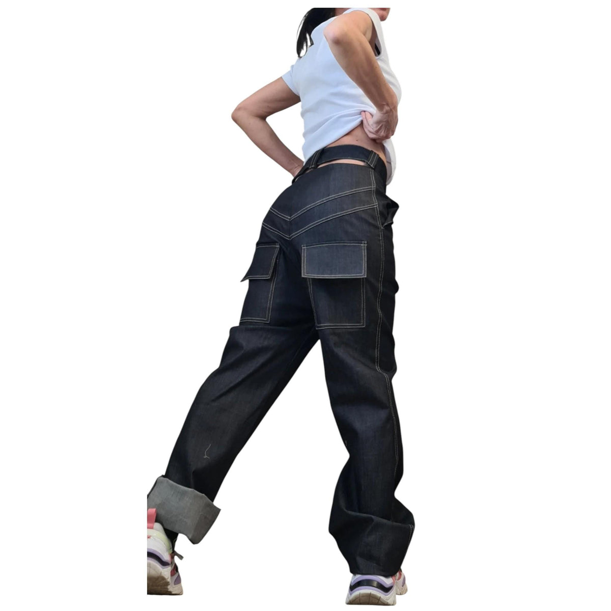 Dark Blue High-Waist Straight-Leg Denim Pants, Avant-Garde Streetwear Trousers