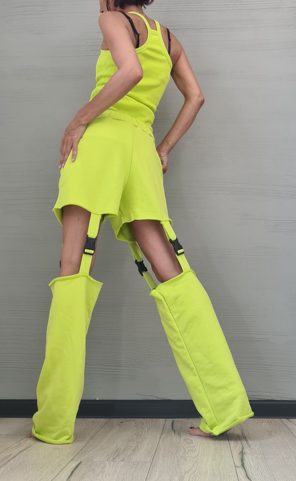 Lime Cotton Shorts, Detachable Pant Legs, Sleeveless Top, Convertible Two Piece Co-Ord Set