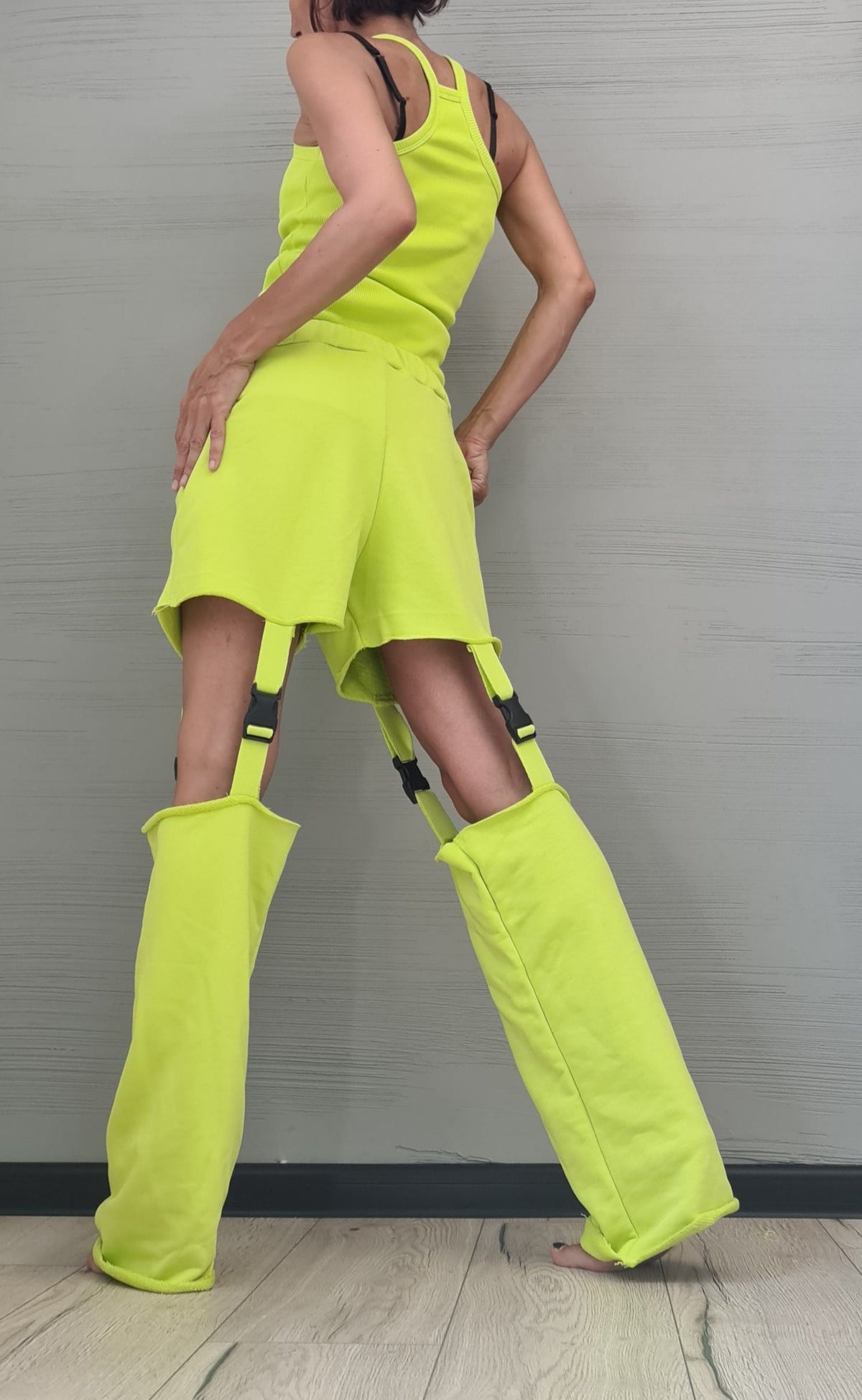 Lime Cotton Shorts, Detachable Pant Legs, Sleeveless Top, Convertible Two Piece Co-Ord Set