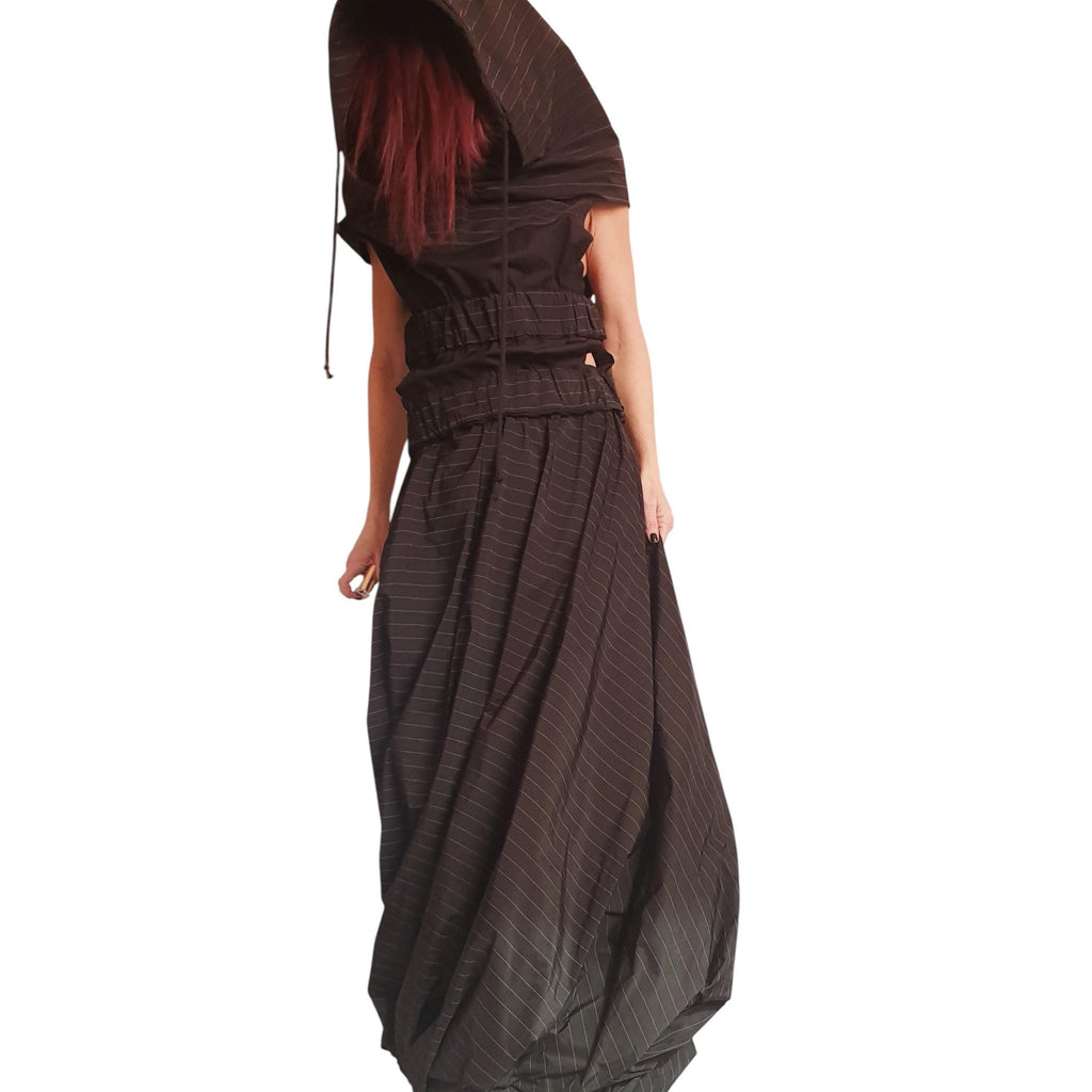 Black Pinstripe Cotton Sateen Co-Ord Set, Asymmetrical Hooded Vest, Maxi Skirt