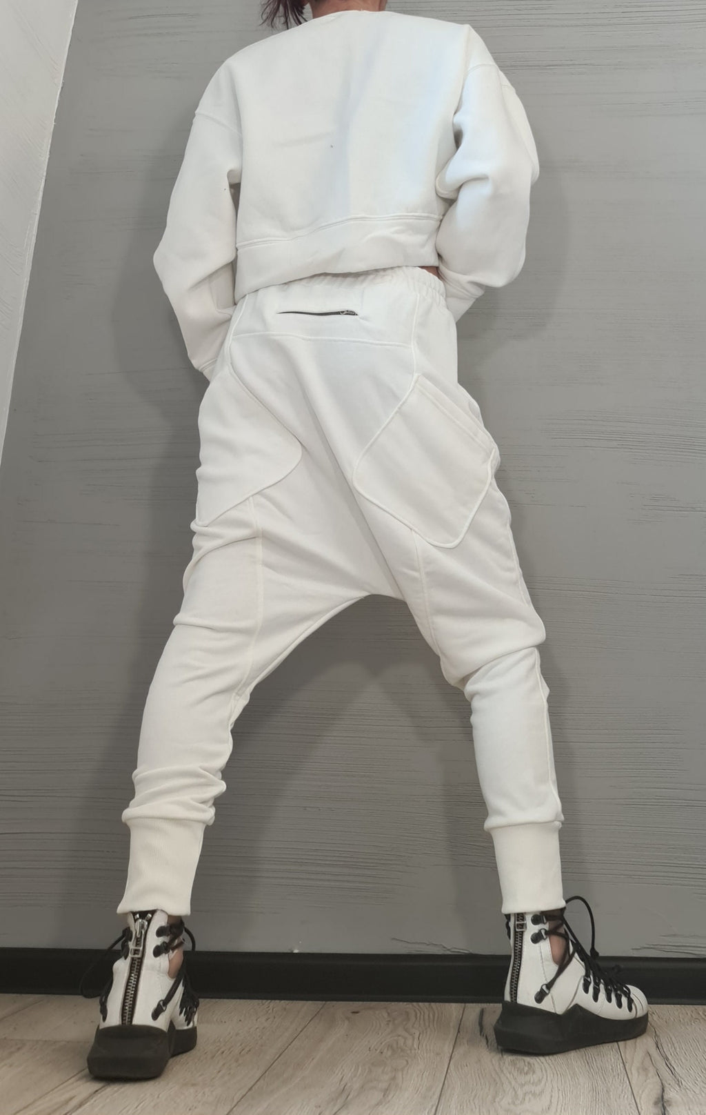 White Cotton Drop Crotch Harem Pants, French Terry Blouse Set