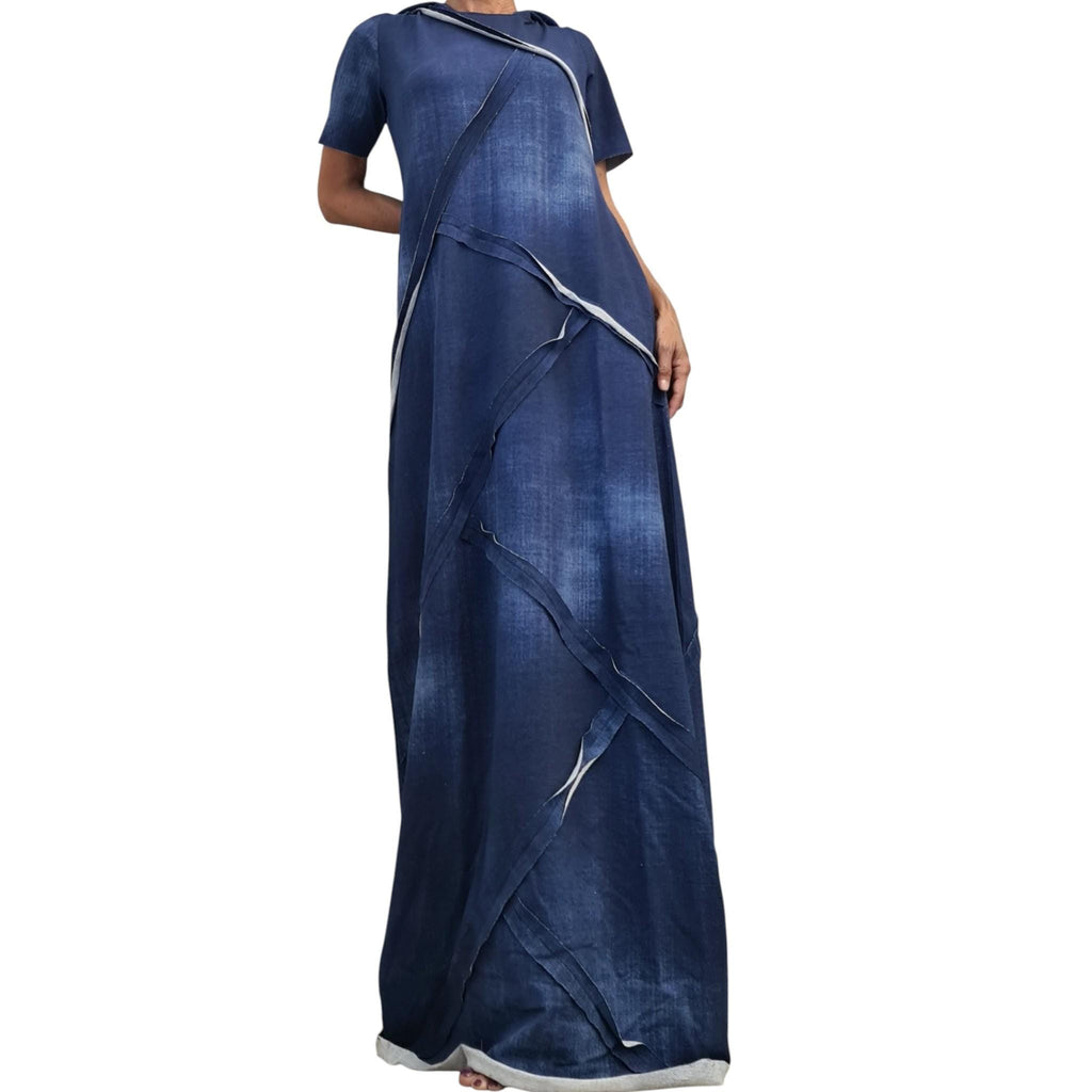 Hooded Long Cotton Dress, Loose Avant Garde Dress for Women, Printed Denim Effect