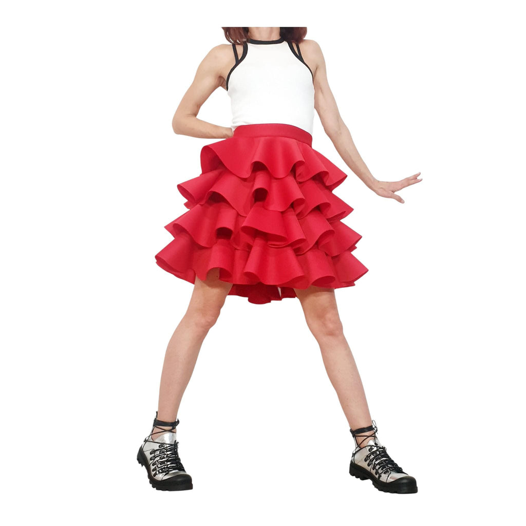 Red Neoprene Circle Skirt, Asymmetric Ruffle Ball