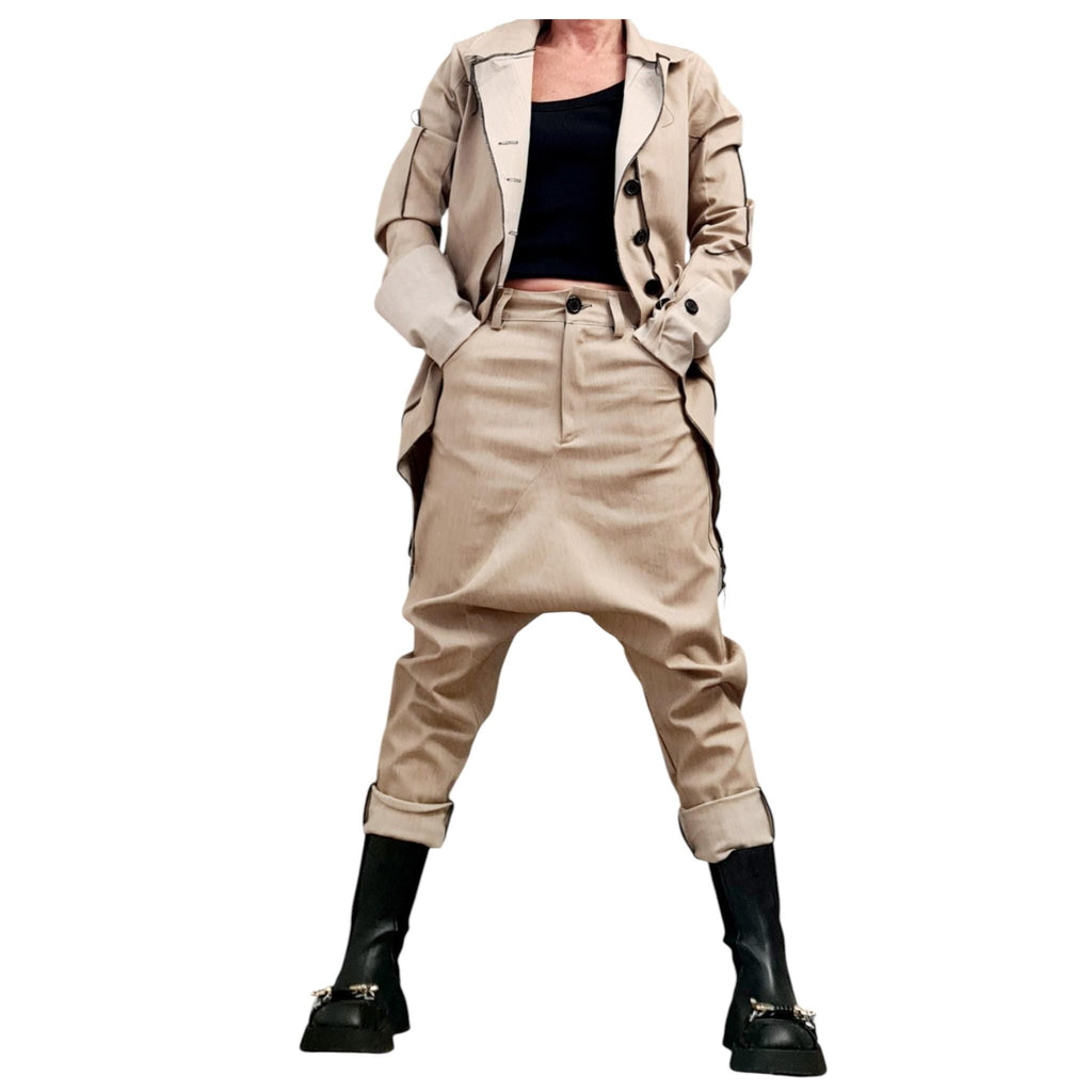 Extravagant Denim Women Costume, Asymmetric Avant Garde Blazer, Cargo Pants