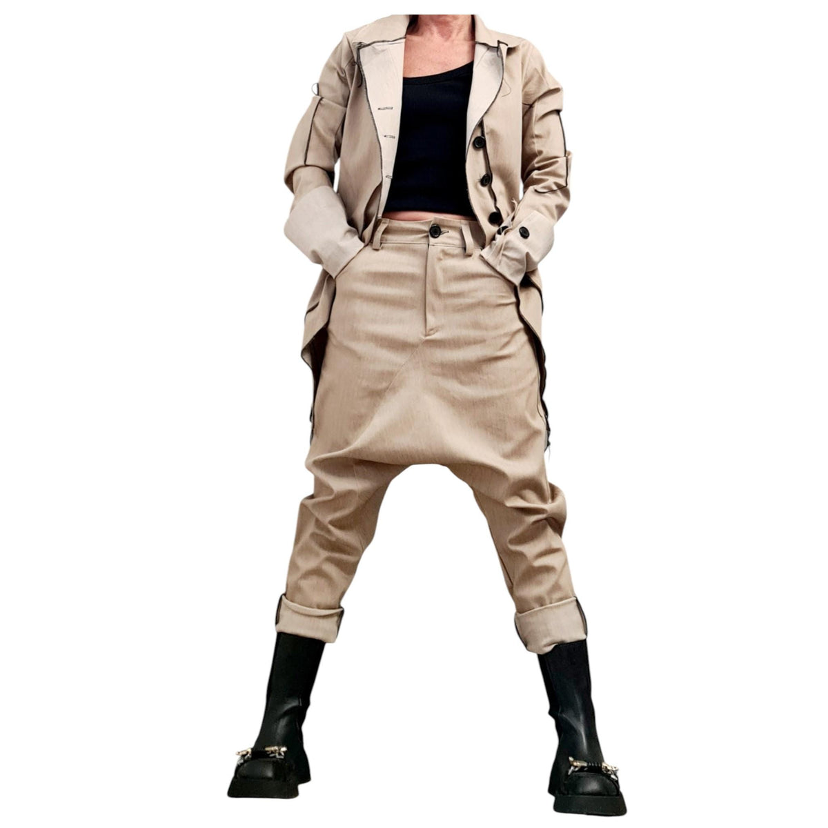 Extravagant Denim Women Costume, Asymmetric Avant Garde Blazer, Cargo Pants