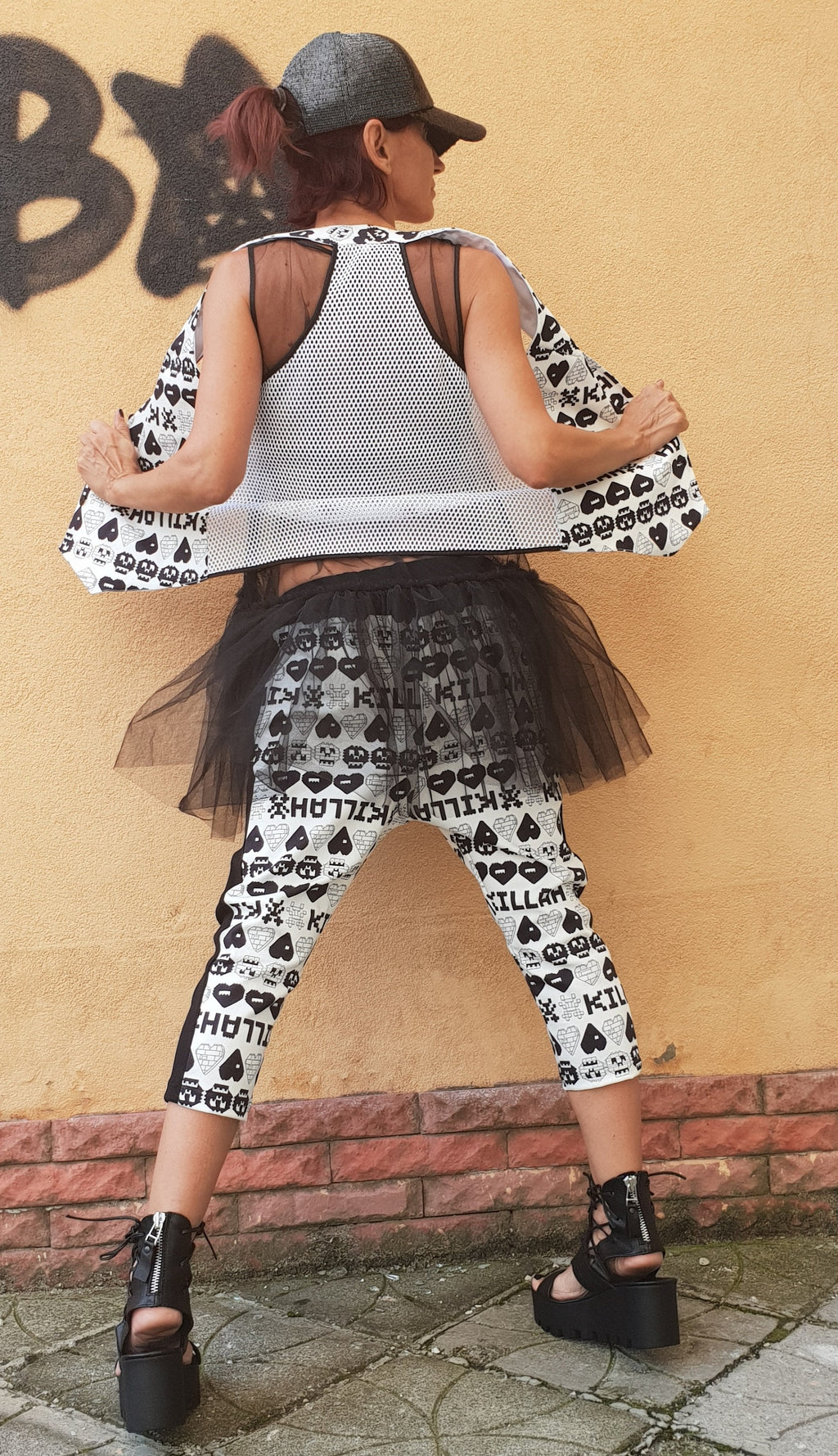 Black White Printed Harem Pants, Tulle Blouse, Sleeveless Vest, Three Piece Co-Ord Set