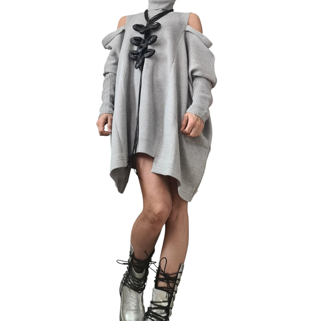 Grey Asymmetric Knitted Tunic Dress, Cold Shoulder Sweater, Plus Size Top
