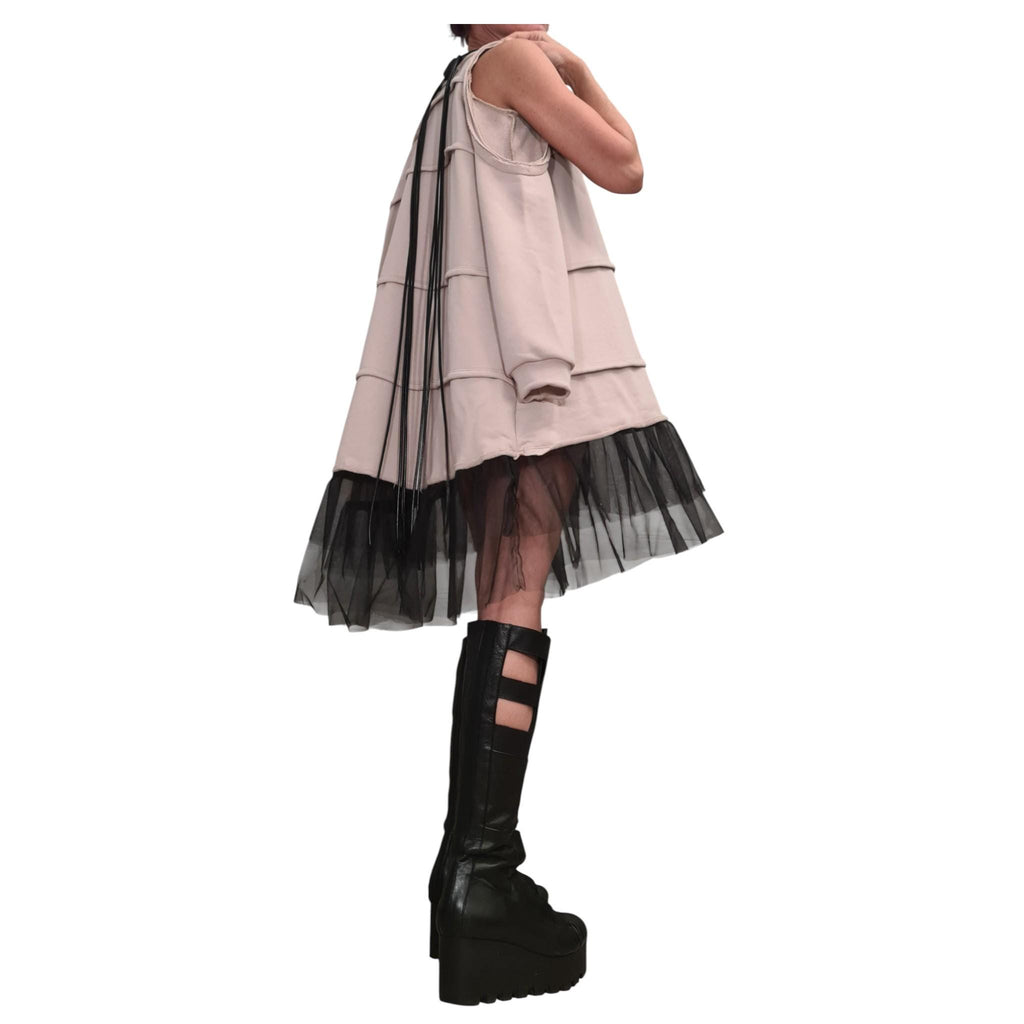 Beige Off Shoulder Dress: Asymmetrical Tulle Hem, Removable Sleeves