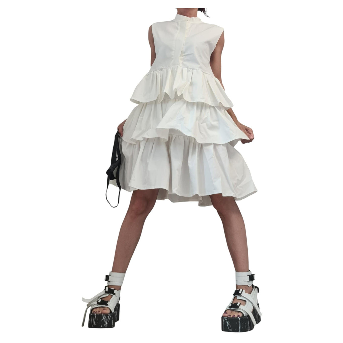 White Cotton Dress, Sleeveless, Layered Ruffle Midi, Boho Bridal Party Tunic