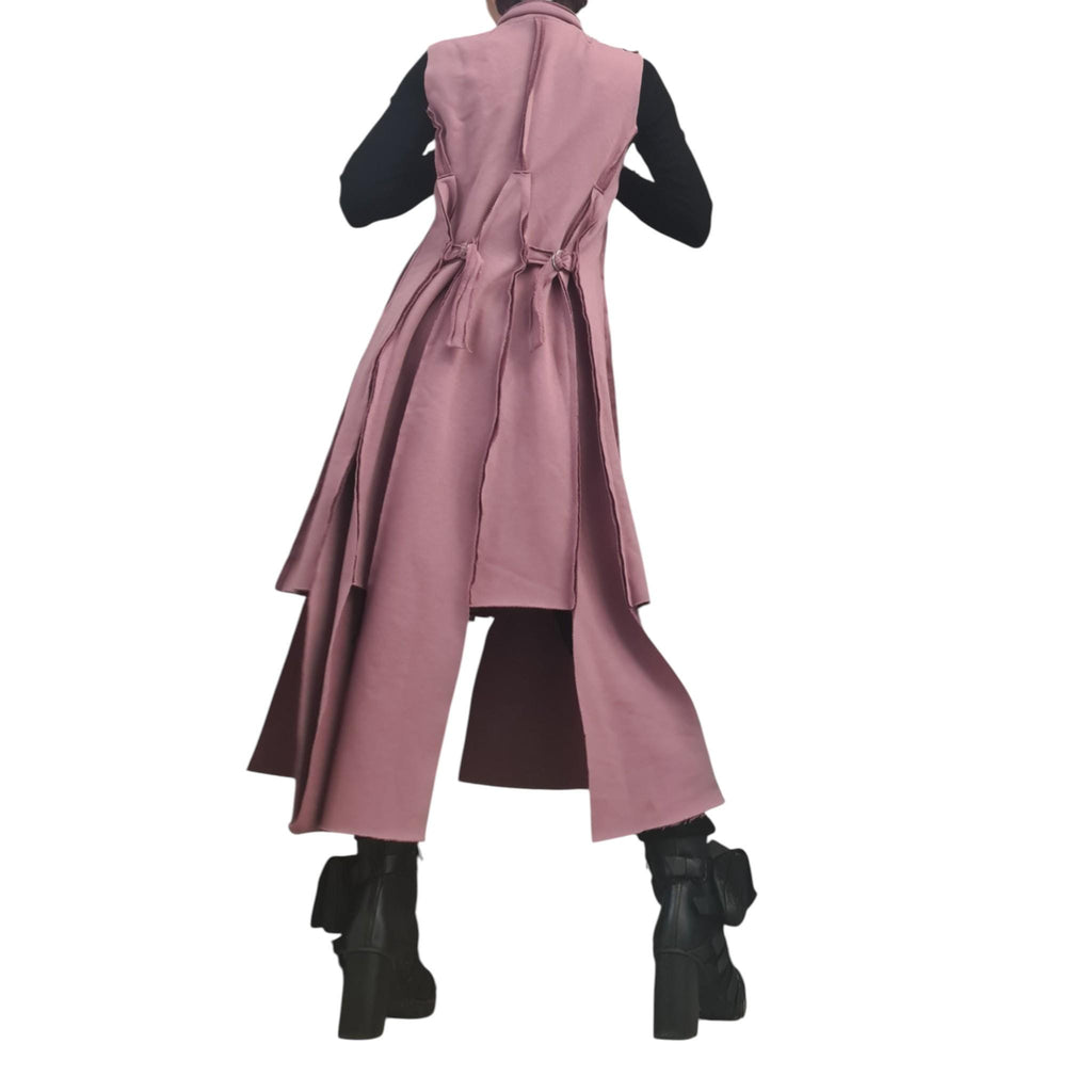 Dusty Pink Asymmetrical Maxi Vest, Sleeveless Layered Coat, Multiple Metal Buckle Closures