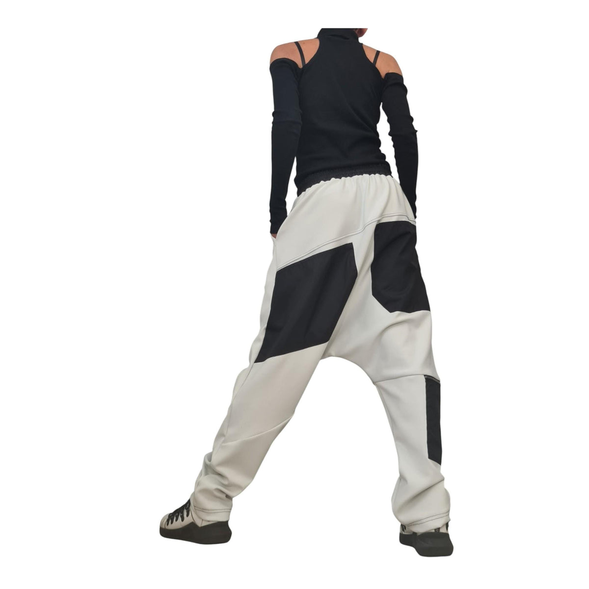 Military Green French Terry Pants, Drop Crotch Trousers, Black Contrast Panels