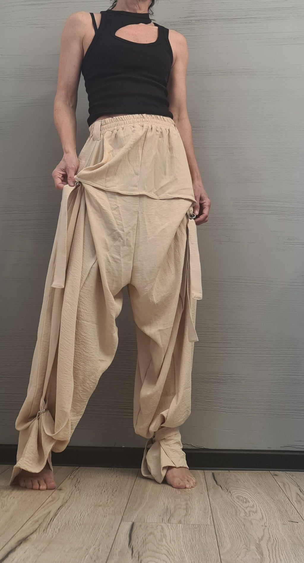 Beige Harem Trousers, Strap and Ring Detail, Drop Crotch