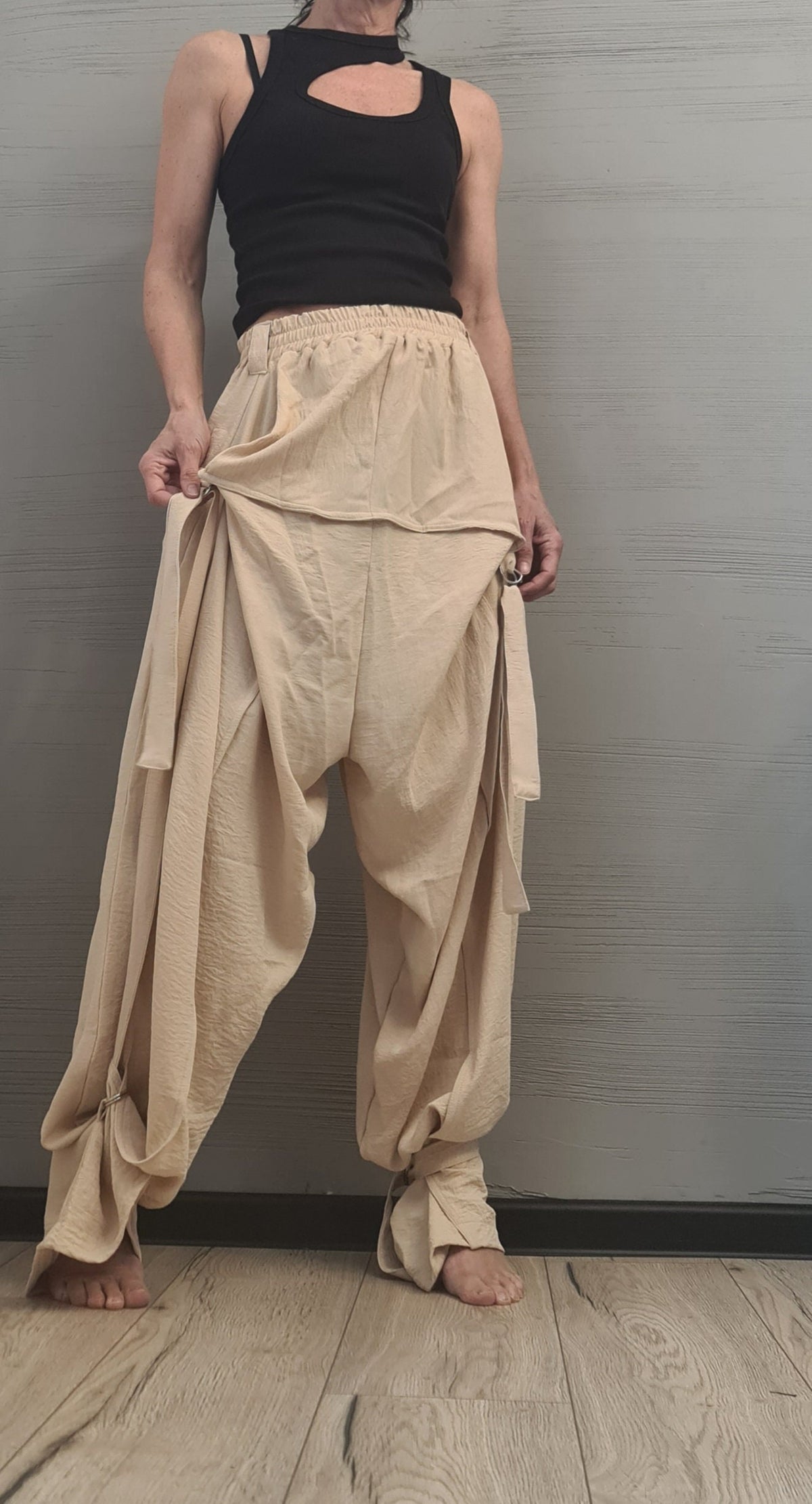 Beige Harem Trousers, Strap and Ring Detail, Drop Crotch