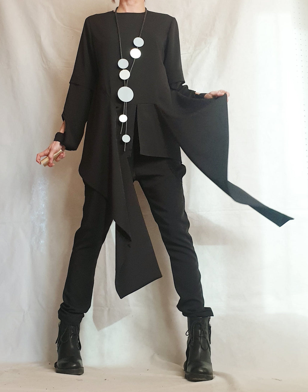 Black Tapered Pants, Asymmetrical Long Tunic, Layered Sleeves, Draped Panels, Two-Piece Co-Ord Set