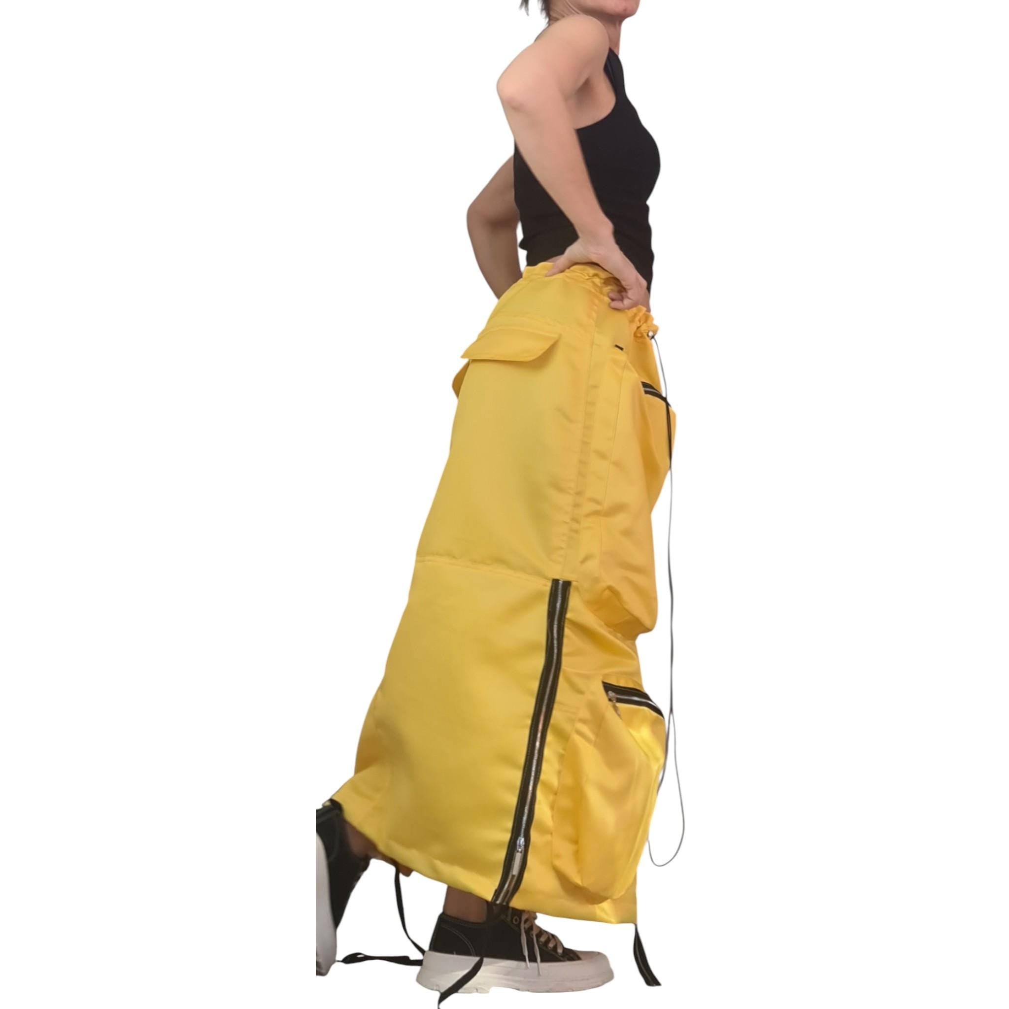 Yellow Cotton Satin Maxi Skirt With Cargo Pockets, Long Avant Garde Oversized Skirt
