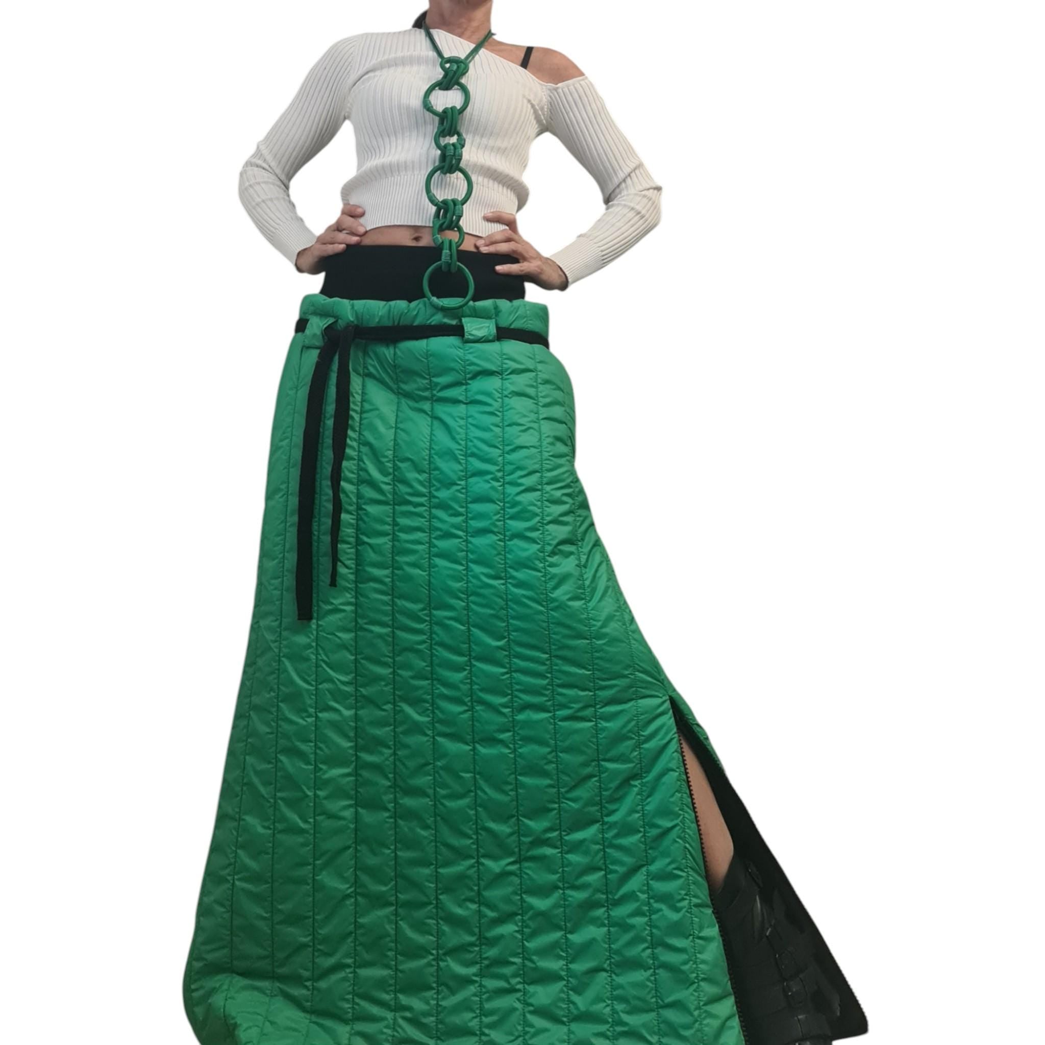 Green Quilted Maxi Skirt | Winter Puffer Design with Side Zippers | Avant-Garde Insulated Piece