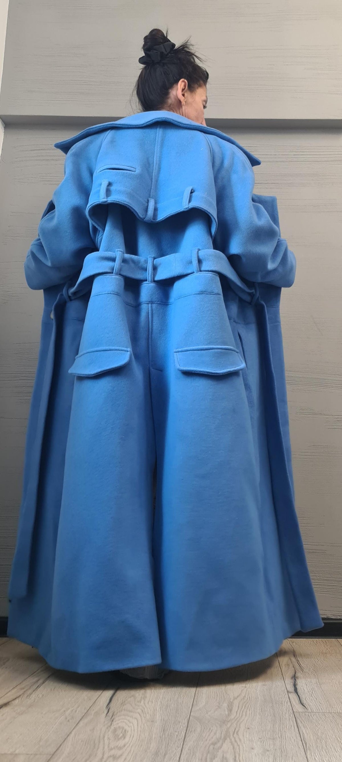 Blue Oversized Maxi Coat, Structured Shoulder Long Jacket, Belted Winter Trench
