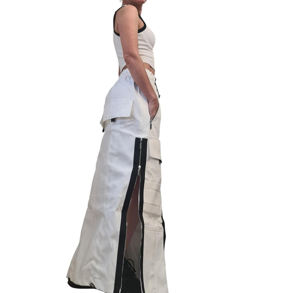 White Denim Maxi Skirt, Black Zipper Details, Cargo Pocket Skirt Avant Garde Clothing