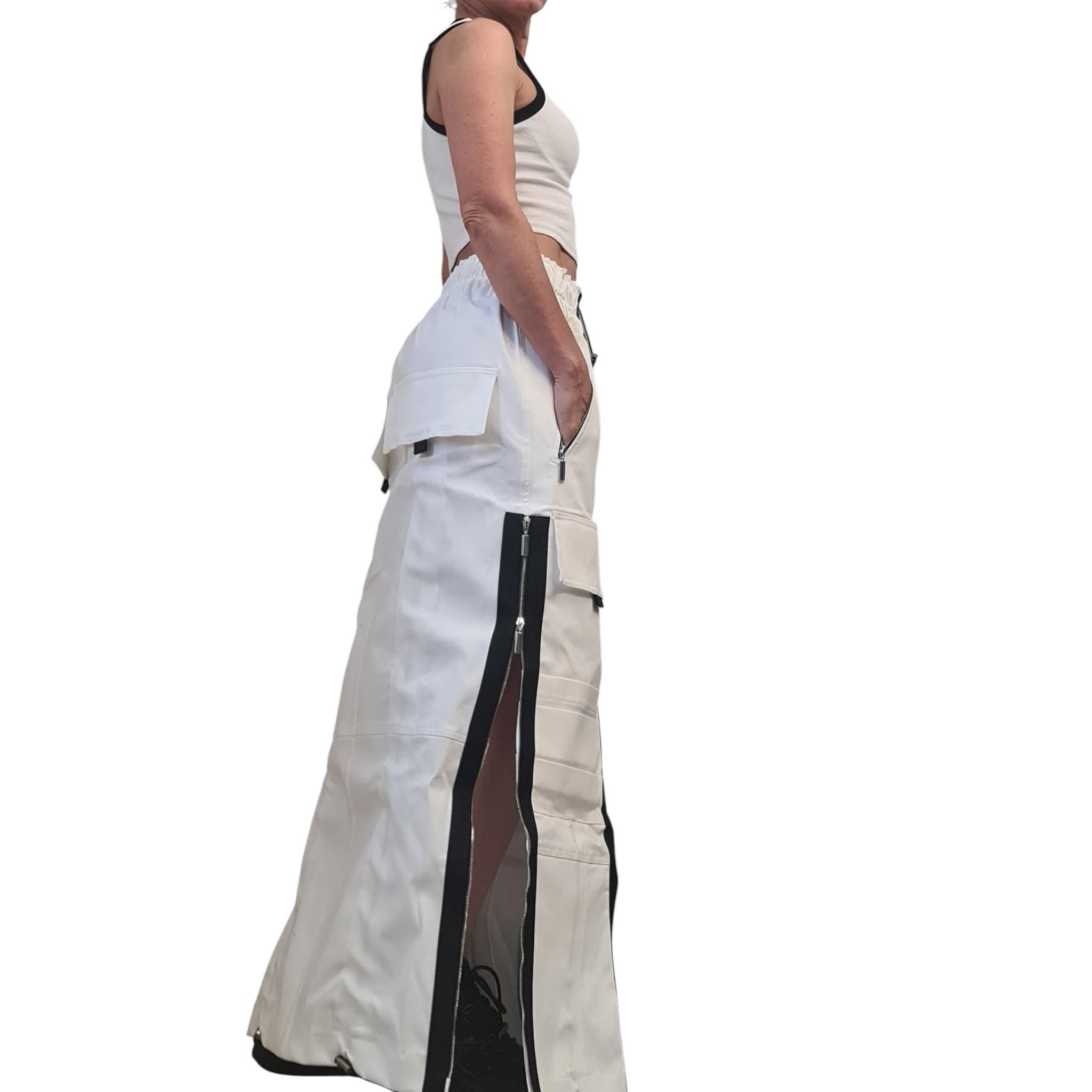 White Denim Maxi Skirt, Black Zipper Details, Cargo Pocket Skirt Avant Garde Clothing
