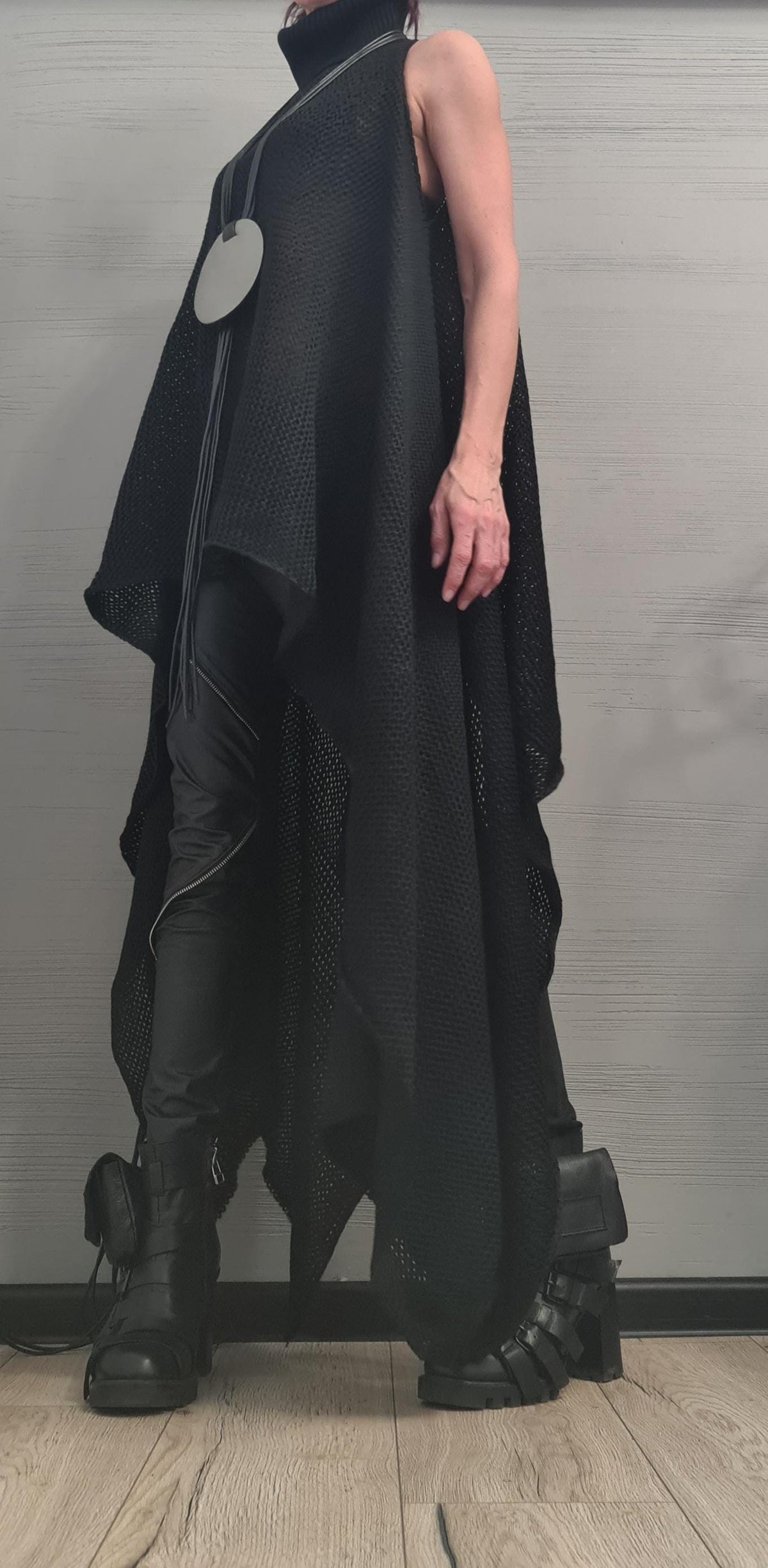 Black Asymmetrical Knit Tunic, High Neck Open Shoulder Sweater, Plus Size Top