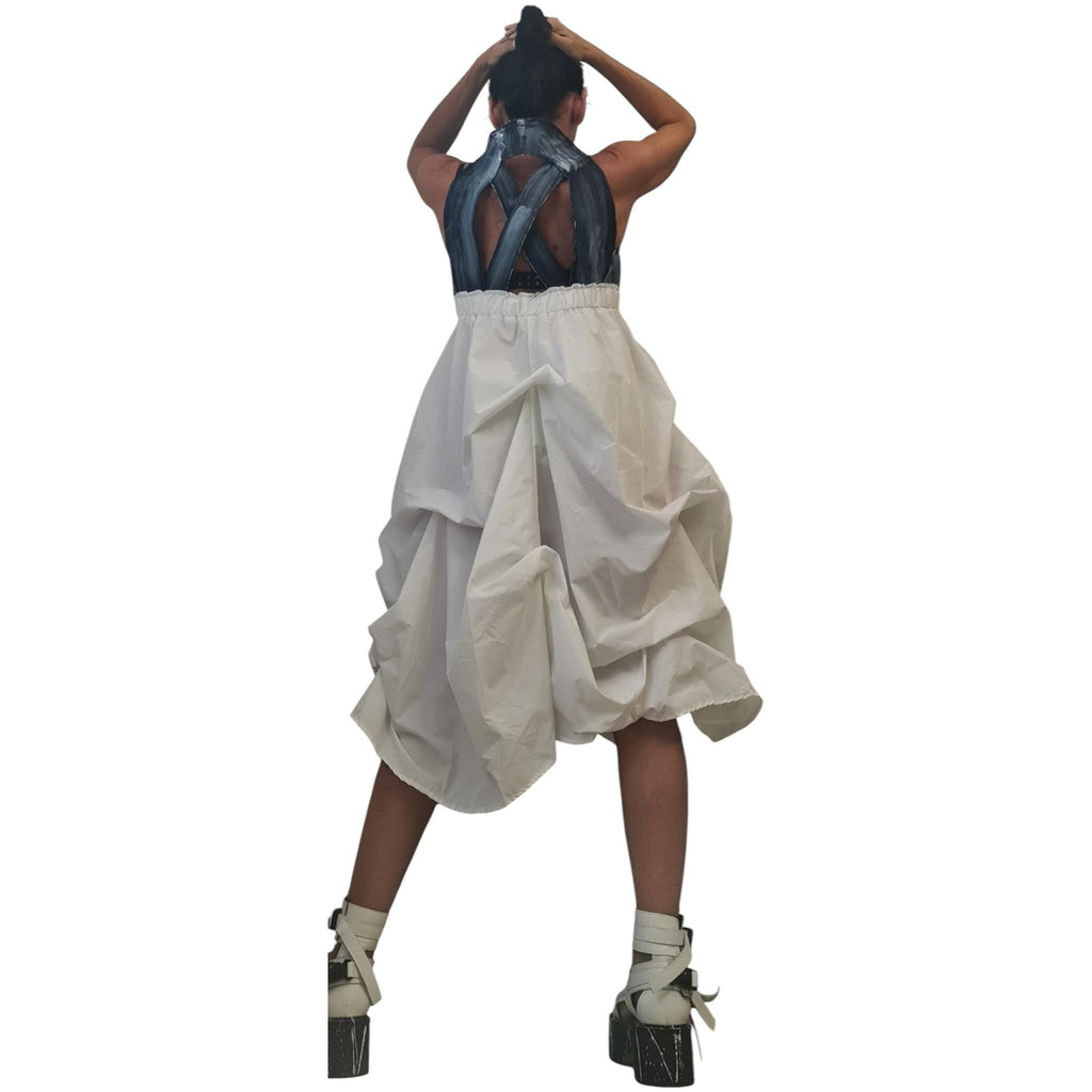 Open Back Maxi Dress, Denim Top White Bottom Dress, Avant Garde Plus Size Clothing