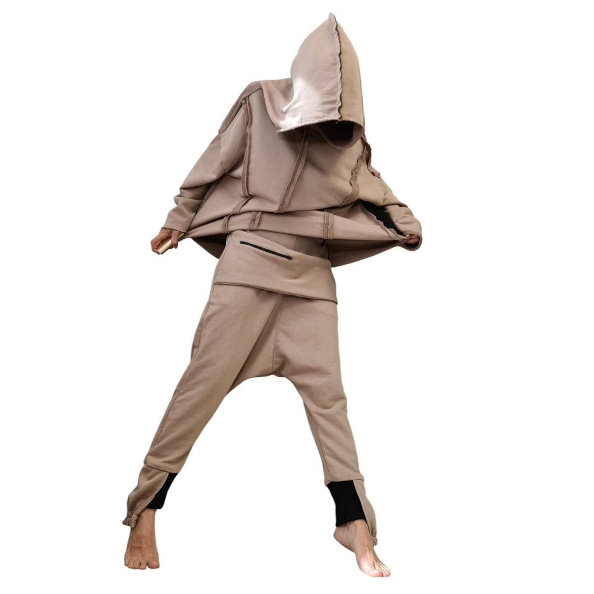 Beige Cotton Drop Crotch Harem Pants, Oversized Long Sleeve Hooded Top, Travel Co-Ord Set
