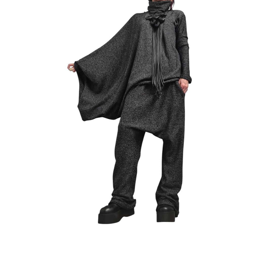 Black Knit Drop Crotch Harem Pants, Oversized Asymmetrical Blouse, Two-Piece Co-Ord Set, Plus Size