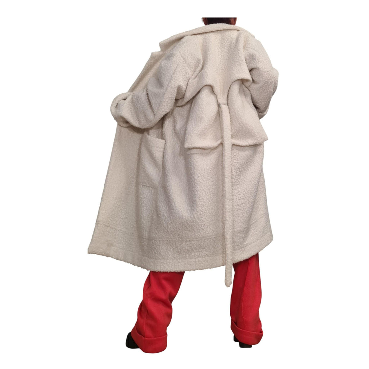 Beige Wool Boucle Oversized Coat, Unlined Long Jacket, Tie Belt and Large Back Pockets