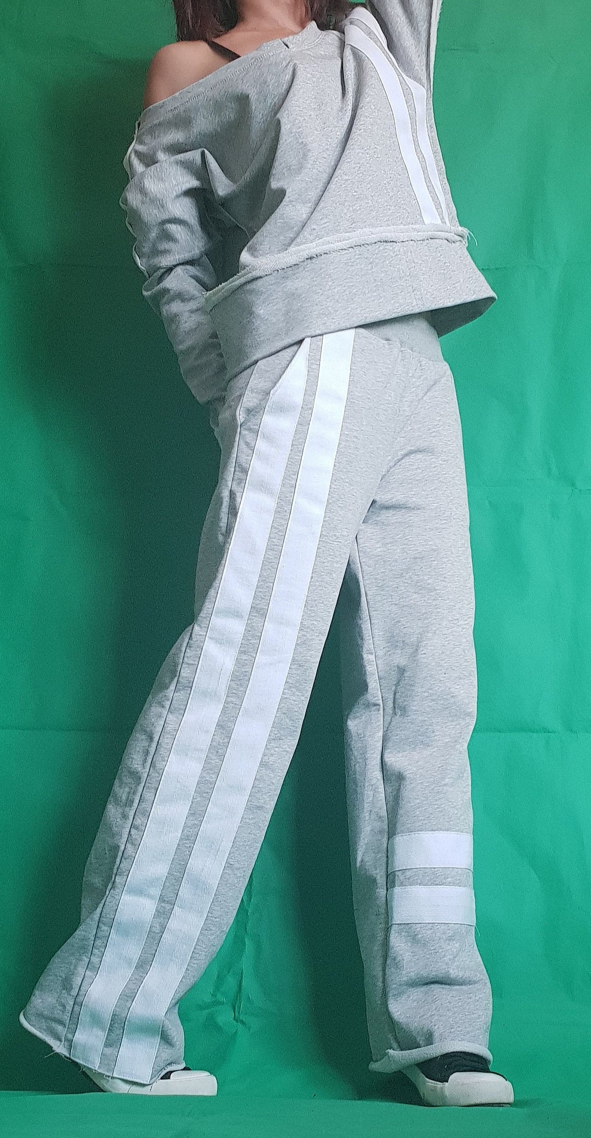 Grey Cotton Wide Leg Pants, Asymmetrical Off Shoulder Blouse, White Stripes, Two-Piece Co-Ord Set