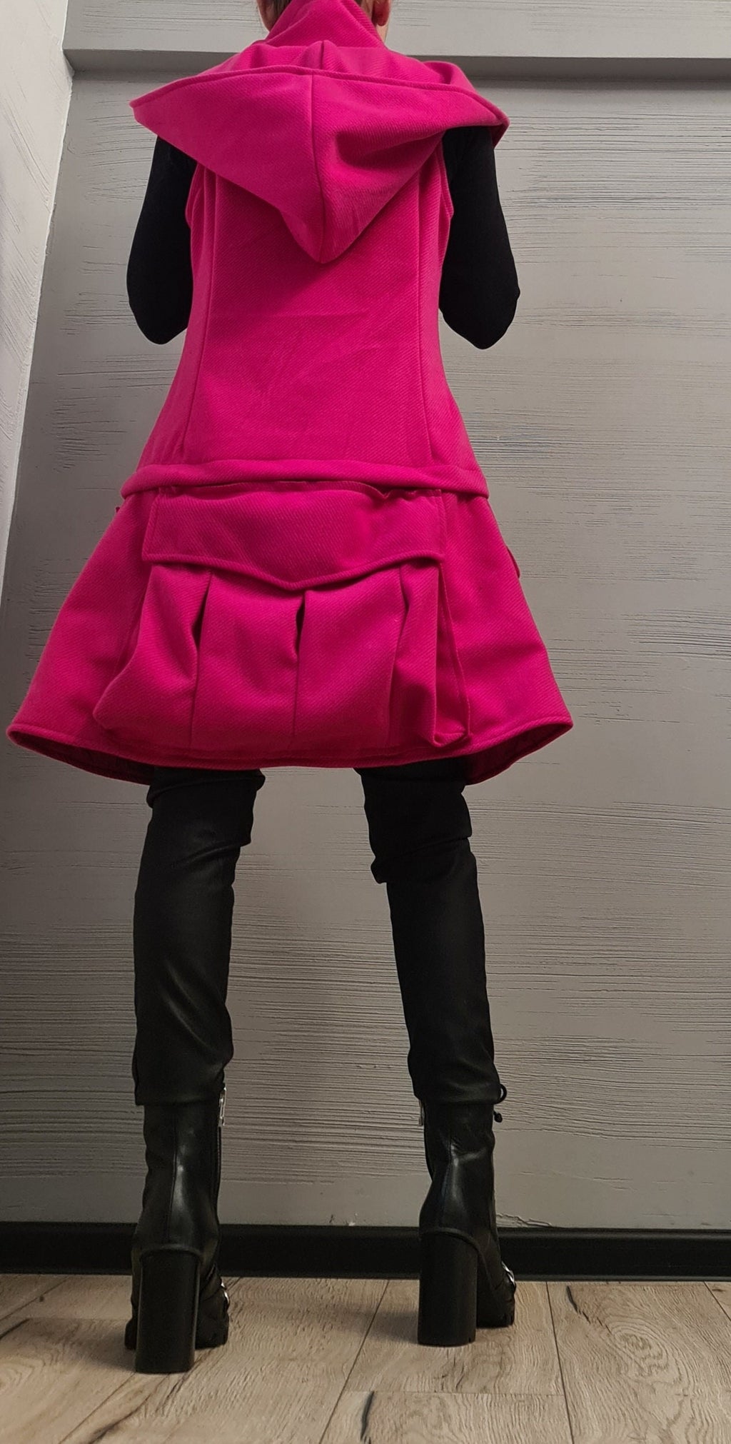 Hot Pink Convertible Hooded Vest, Detachable Cargo Pocket Panel, Long or Cropped, Plus Size