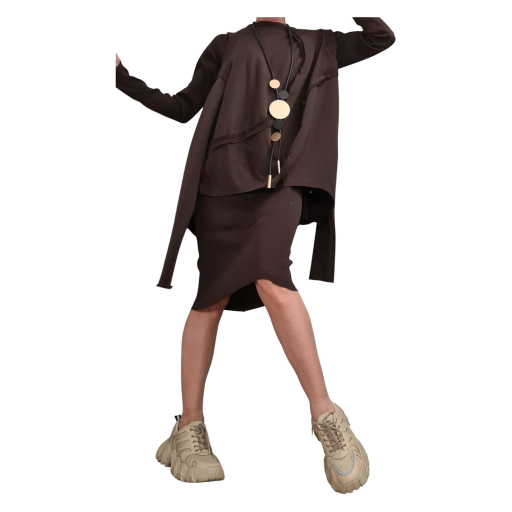 Brown Cotton Bodycon Midi Dress, Oversized Deconstructed Tunic with Detachable Sleeves, Two-Piece Co-Ord Set
