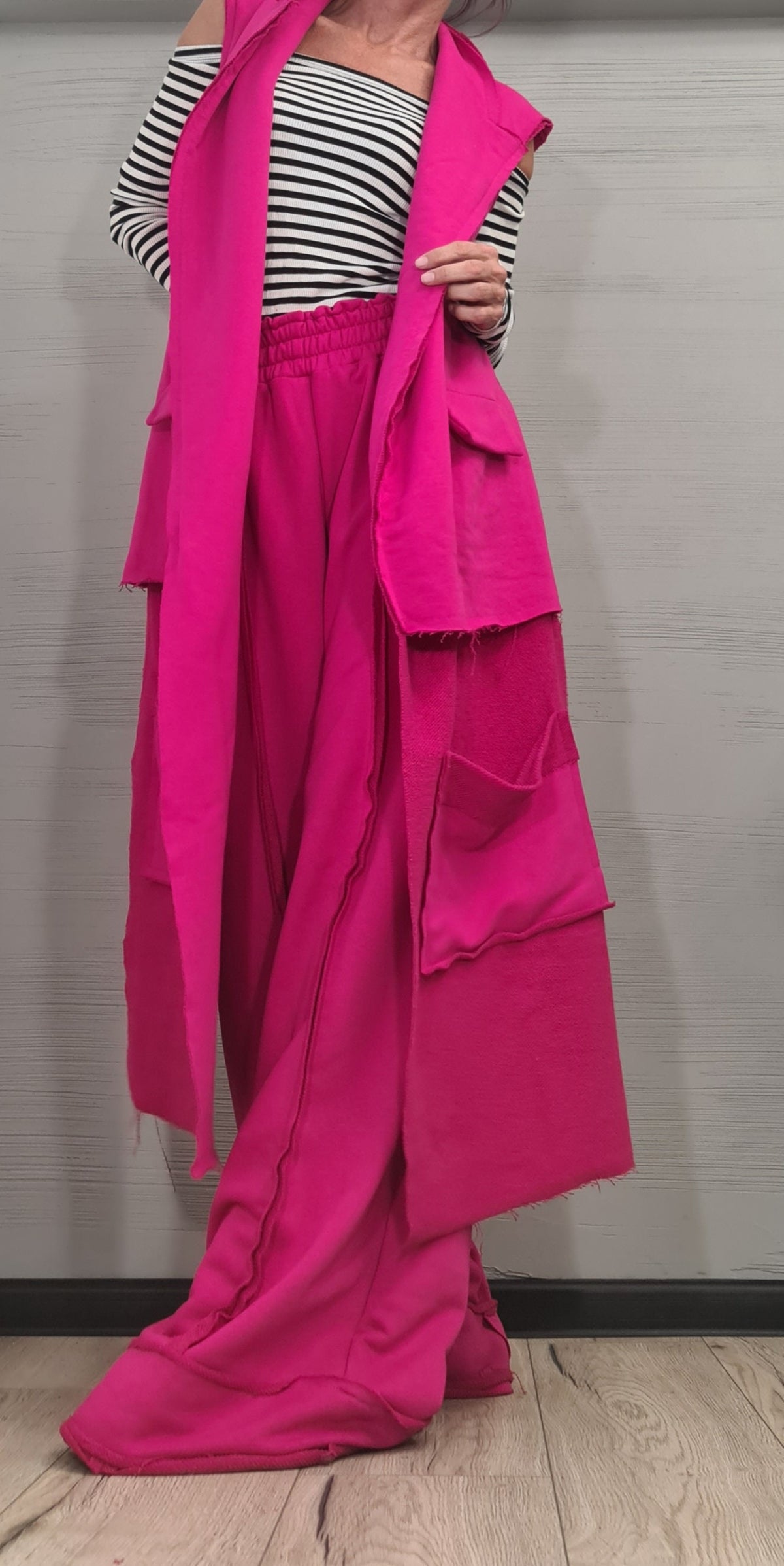 Fuchsia Cotton Wide-Leg Pants, Asymmetrical Long Short Vest, Two-Piece Co-Ord Set