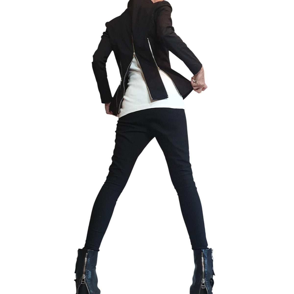 Black Fitted Zip Blazer, Structured Shoulders, Shaped Waist, Back Zip Panels, Plus Size