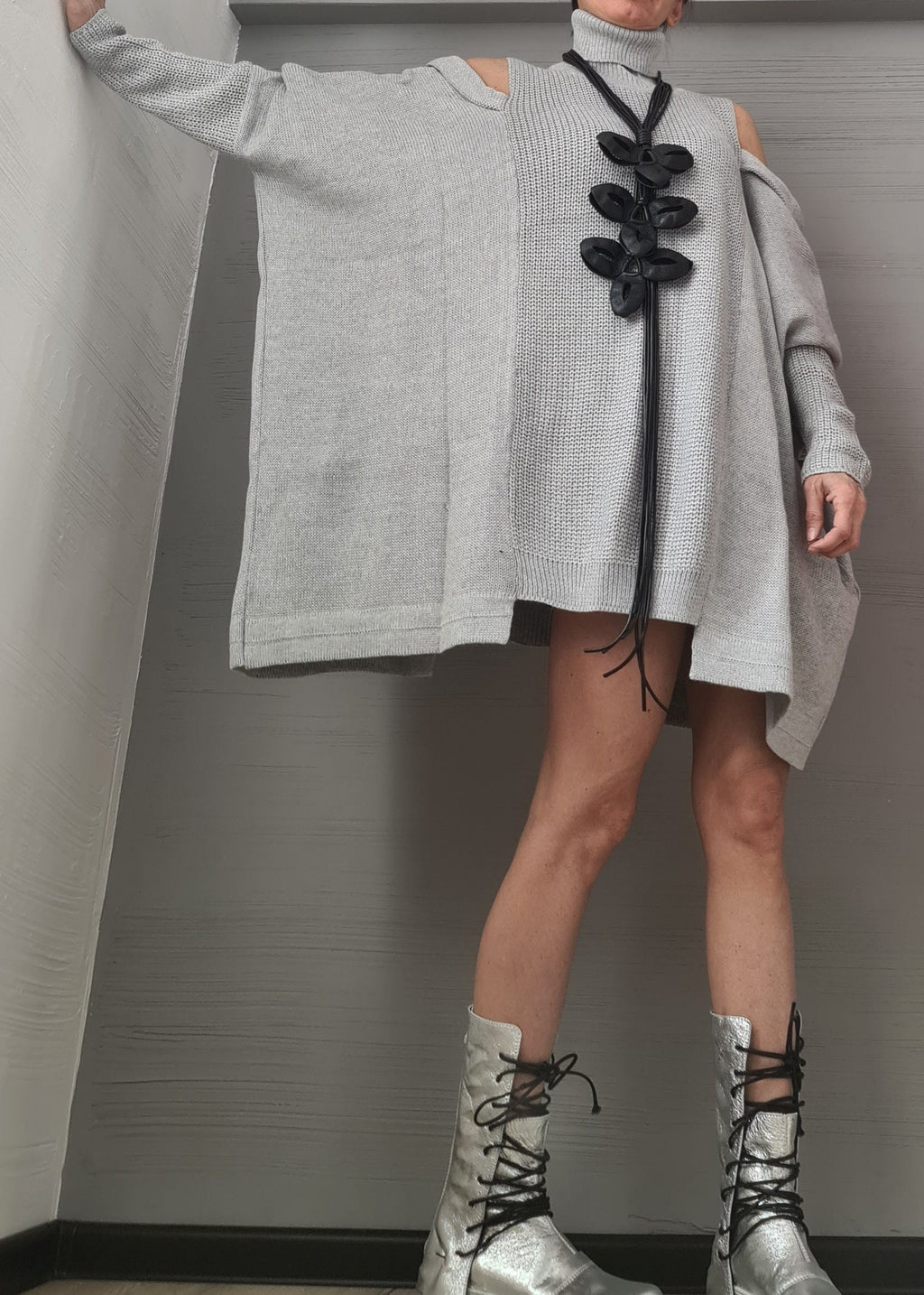 Grey Asymmetric Knitted Tunic Dress, Cold Shoulder Sweater, Plus Size Top