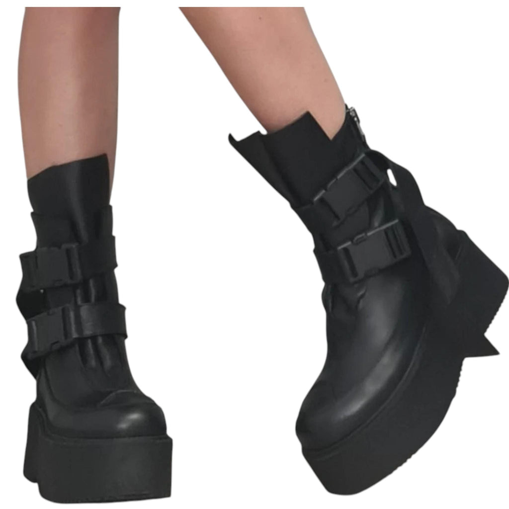 Black Leather Platform Boots, Buckle Strap Ankle Booties, Gothic Grunge Women Footwear